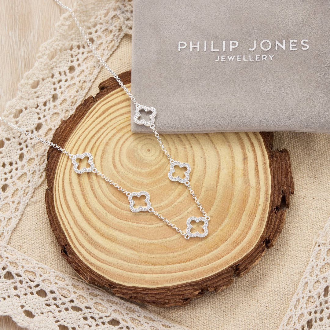 Silver Plated Multi Clover Necklace Created with Zircondia® Crystals - Philip Jones Jewellery