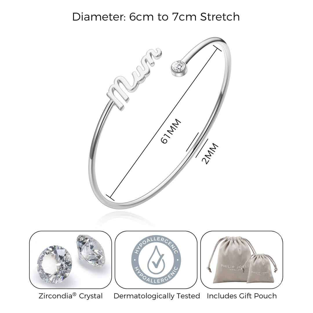 Silver Plated Mum Cuff Bangle Created with Zircondia® Crystals - Philip Jones Jewellery