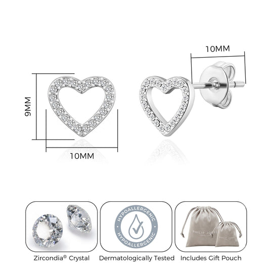 Silver Plated Open Heart Earrings Created with Zircondia® Crystals - Philip Jones Jewellery