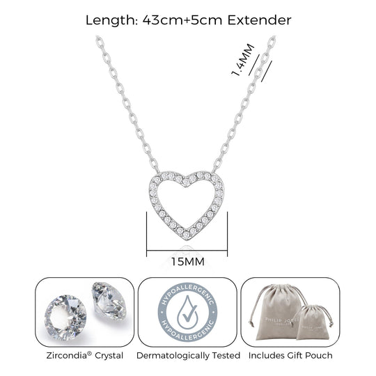 Silver Plated Open Heart Necklace Created with Zircondia® Crystals - Philip Jones Jewellery