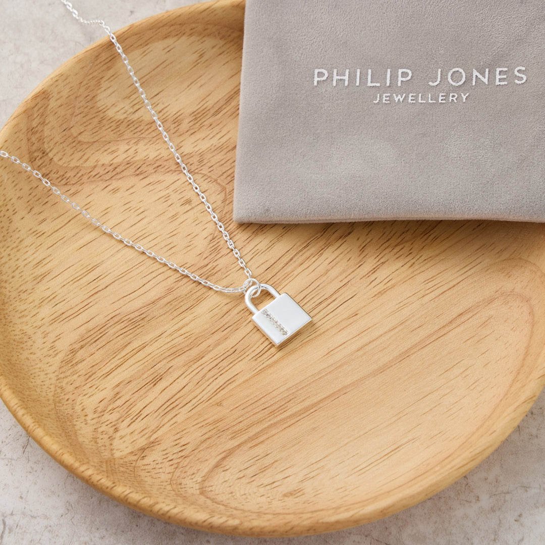 Silver Plated Padlock Necklace Created with Zircondia® Crystals - Philip Jones Jewellery