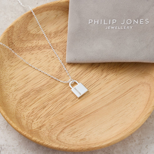 Silver Plated Padlock Necklace Created with Zircondia® Crystals - Philip Jones Jewellery