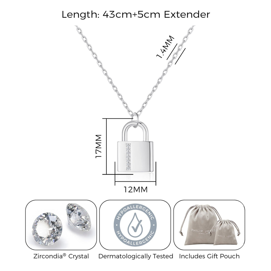 Silver Plated Padlock Necklace Created with Zircondia® Crystals - Philip Jones Jewellery