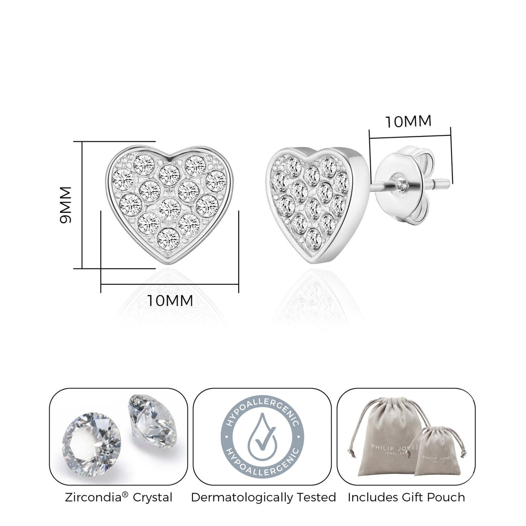 Silver Plated Pave Heart Earrings Created with Zircondia® Crystals - Philip Jones Jewellery