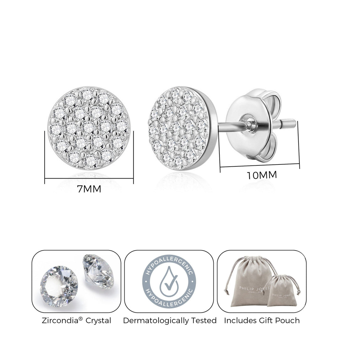 Silver Plated Pave Round Earrings Created with Zircondia® Crystals - Philip Jones Jewellery