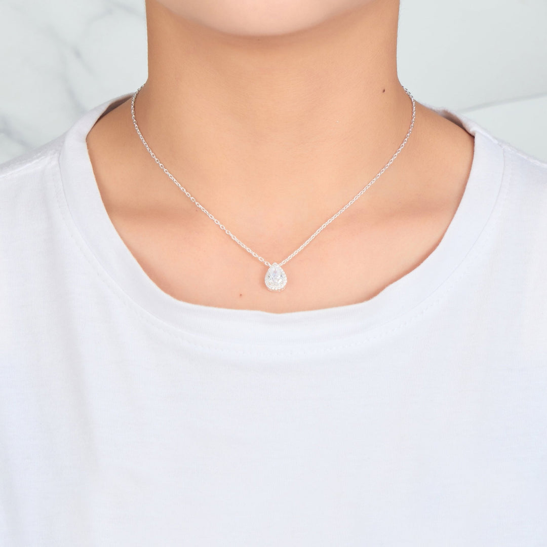 Silver Plated Pear Halo Necklace Created with Zircondia® Crystals - Philip Jones Jewellery