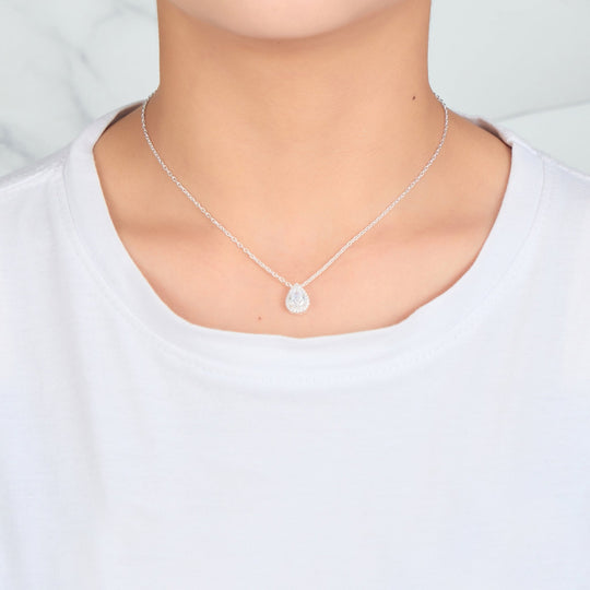Silver Plated Pear Halo Necklace Created with Zircondia® Crystals - Philip Jones Jewellery