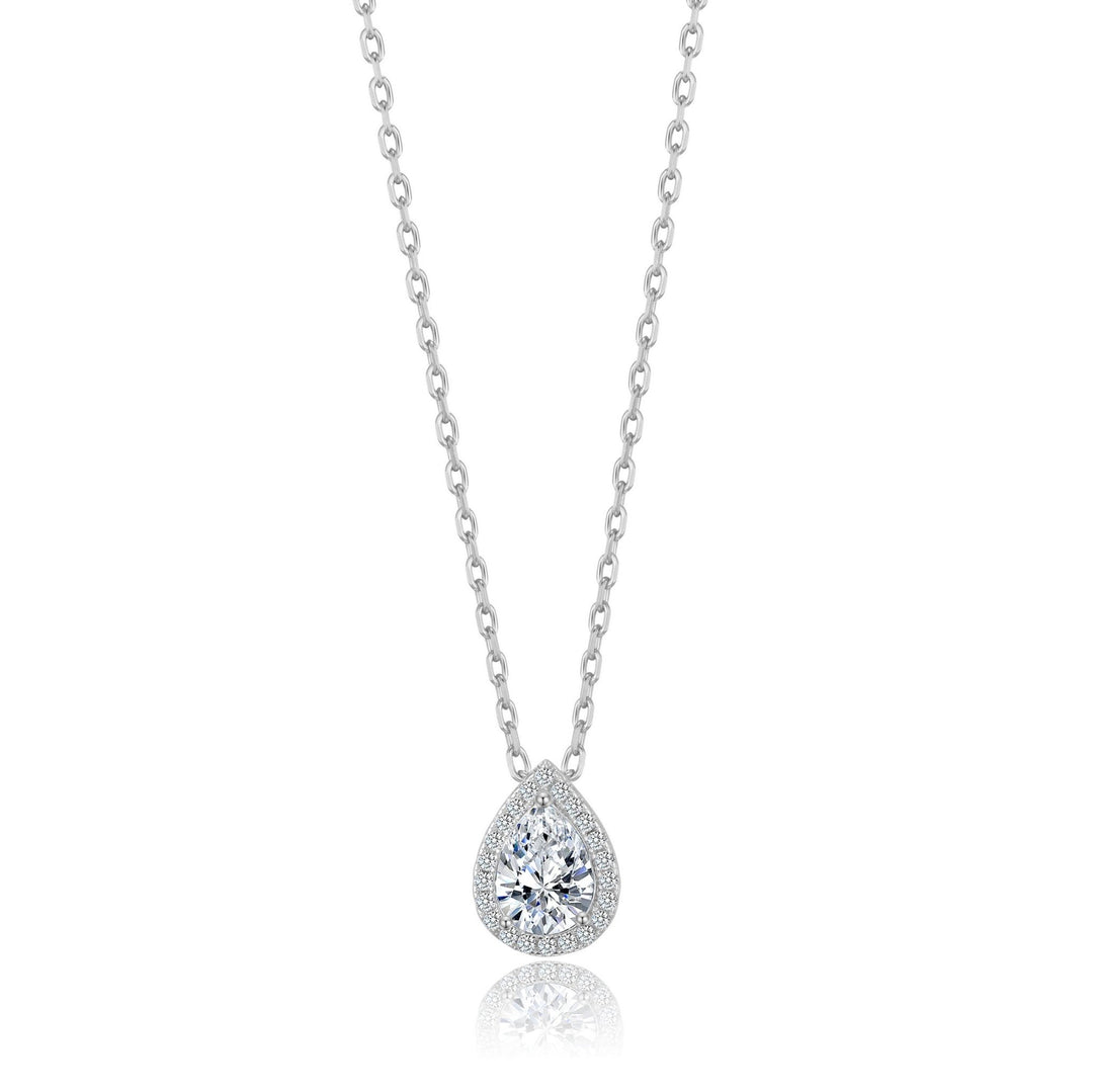 Silver Plated Pear Halo Necklace Created with Zircondia® Crystals - Philip Jones Jewellery