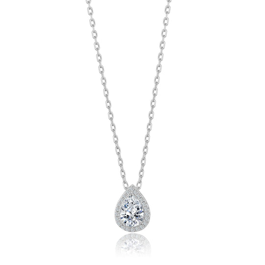 Silver Plated Pear Halo Necklace Created with Zircondia® Crystals - Philip Jones Jewellery