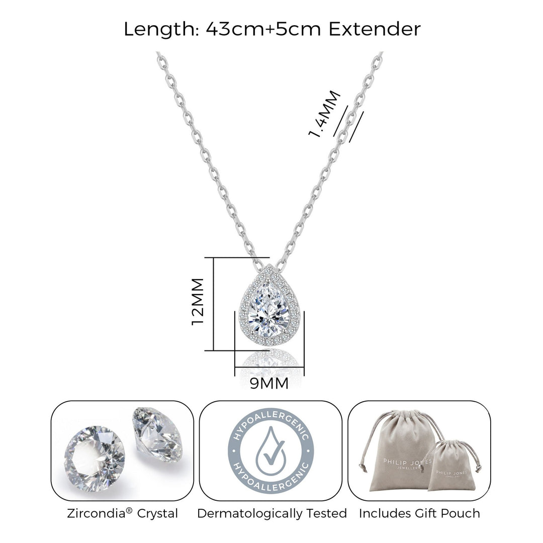 Silver Plated Pear Halo Necklace Created with Zircondia® Crystals - Philip Jones Jewellery