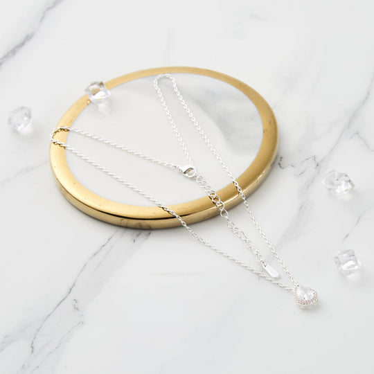 Silver Plated Pear Halo Necklace Created with Zircondia® Crystals - Philip Jones Jewellery