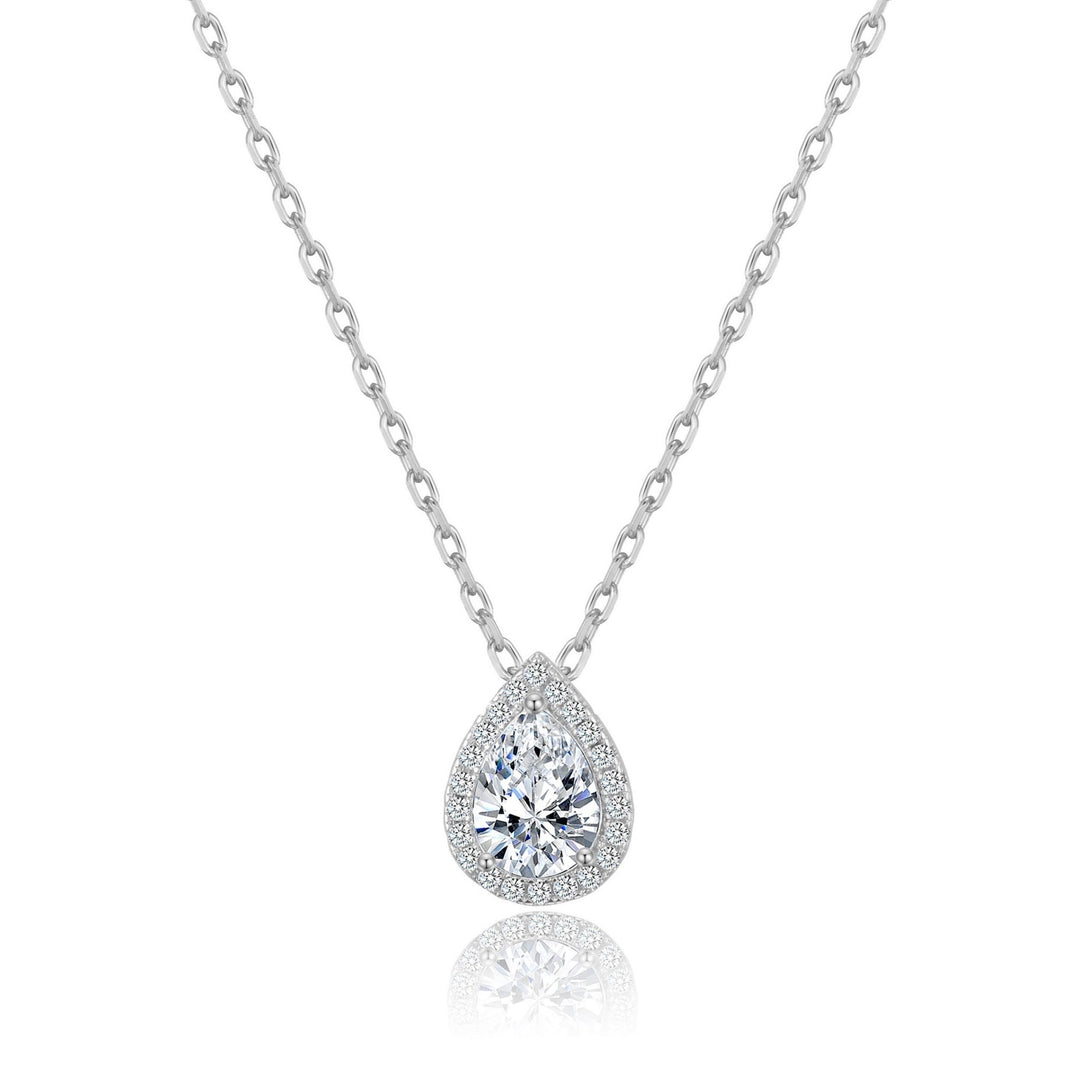 Silver Plated Pear Halo Necklace Created with Zircondia® Crystals - Philip Jones Jewellery