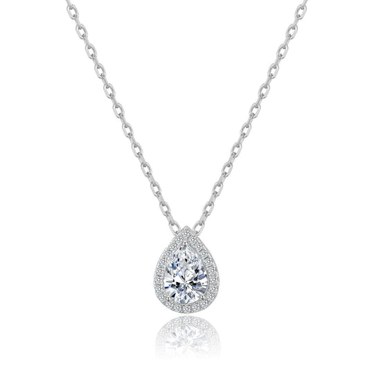 Silver Plated Pear Halo Necklace Created with Zircondia® Crystals - Philip Jones Jewellery