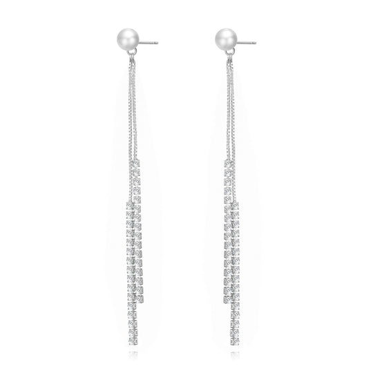 Silver Plated Pearl Dangle Earrings Created with Zircondia® Crystals - Philip Jones Jewellery