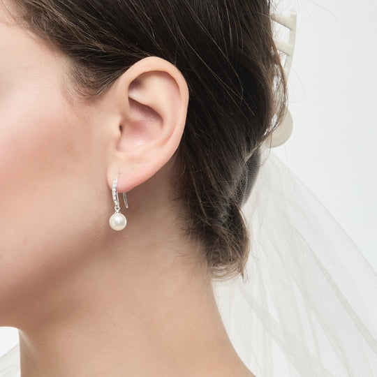Silver Plated Pearl Drop Bridal Earrings Created with Zircondia® Crystals - Philip Jones Jewellery