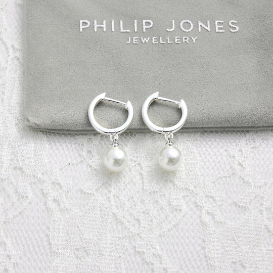 Silver Plated Pearl Drop Bridal Hoop Earrings - Philip Jones Jewellery