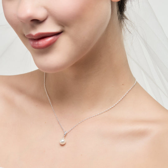 Silver Plated Pearl Drop Bridal Necklace Created with Zircondia® Crystals - Philip Jones Jewellery