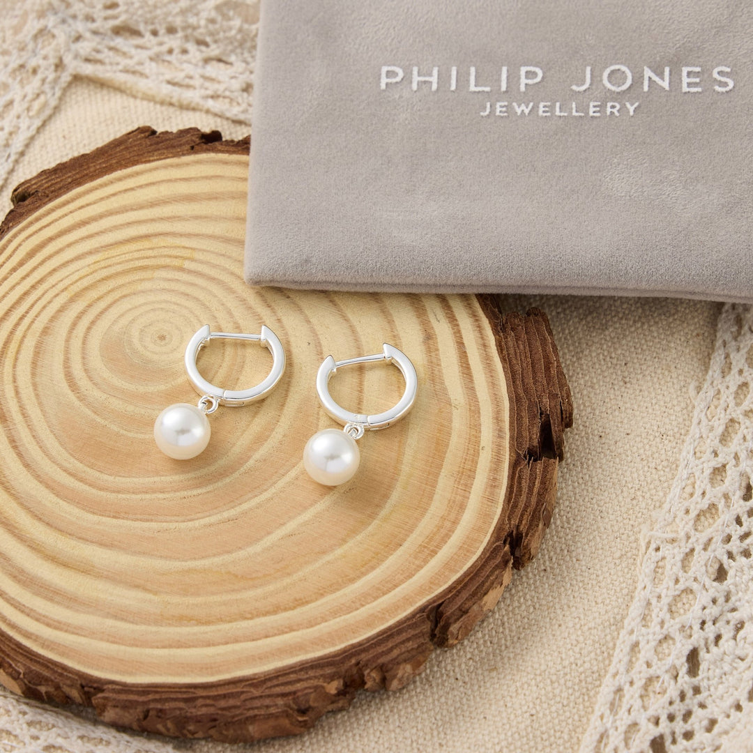 Silver Plated Pearl Drop Hoop Earrings - Philip Jones Jewellery