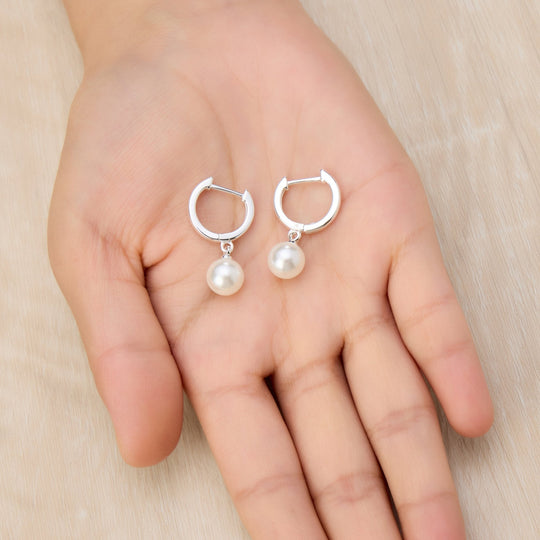 Silver Plated Pearl Drop Hoop Earrings - Philip Jones Jewellery