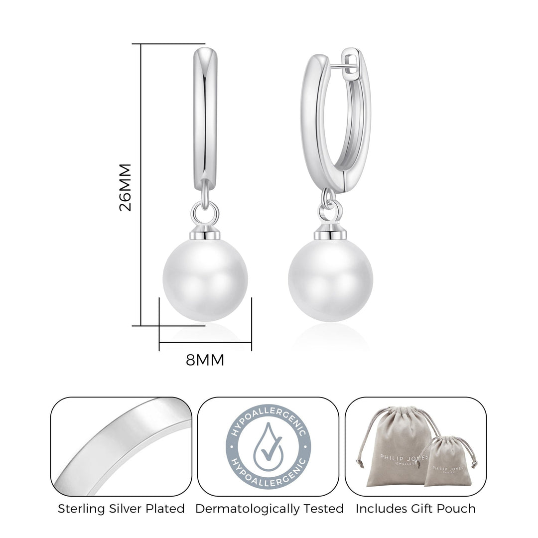 Silver Plated Pearl Drop Hoop Earrings - Philip Jones Jewellery