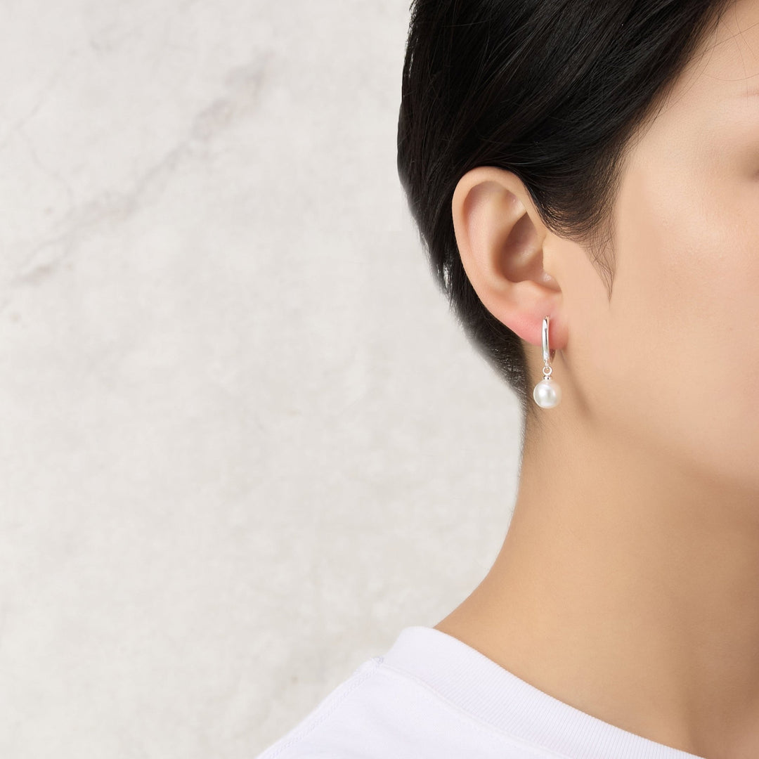 Silver Plated Pearl Drop Hoop Earrings - Philip Jones Jewellery