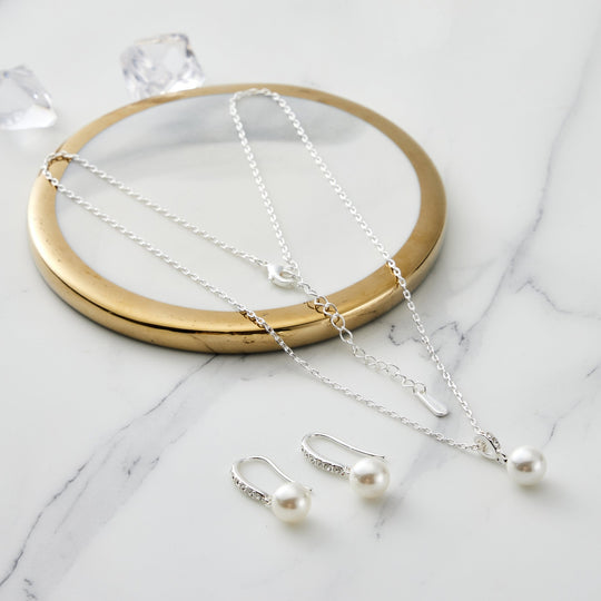 Silver Plated Pearl Drop Set Created with Zircondia® Crystals - Philip Jones Jewellery