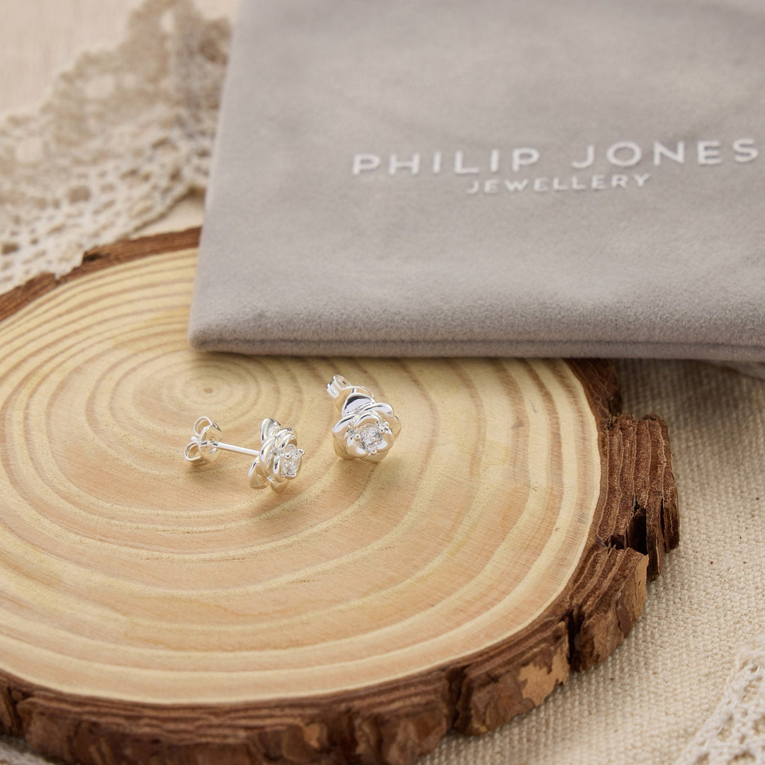 Silver Plated Rose Earrings Created with Zircondia® Crystals - Philip Jones Jewellery
