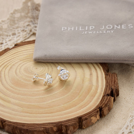 Silver Plated Rose Earrings Created with Zircondia® Crystals - Philip Jones Jewellery