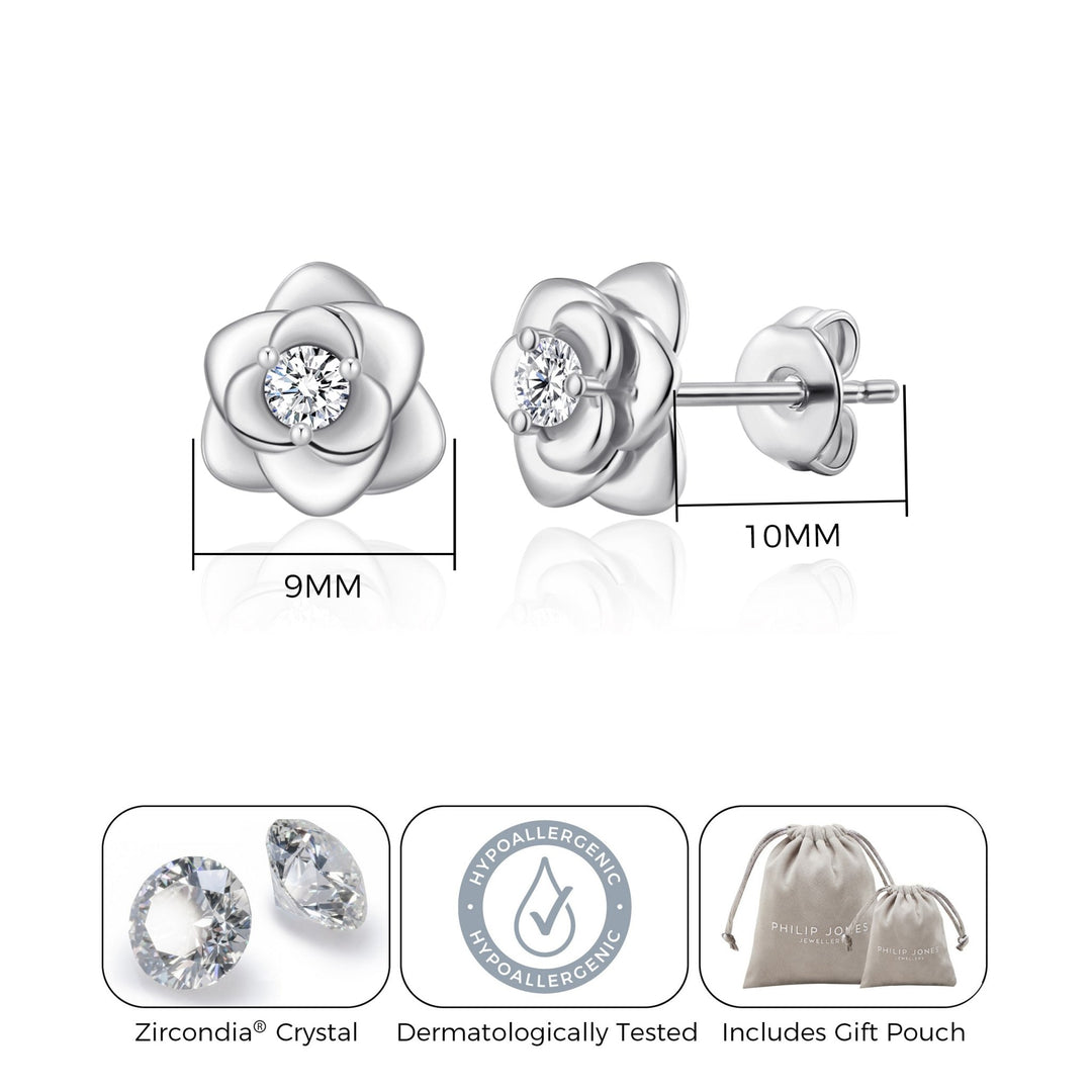 Silver Plated Rose Earrings Created with Zircondia® Crystals - Philip Jones Jewellery