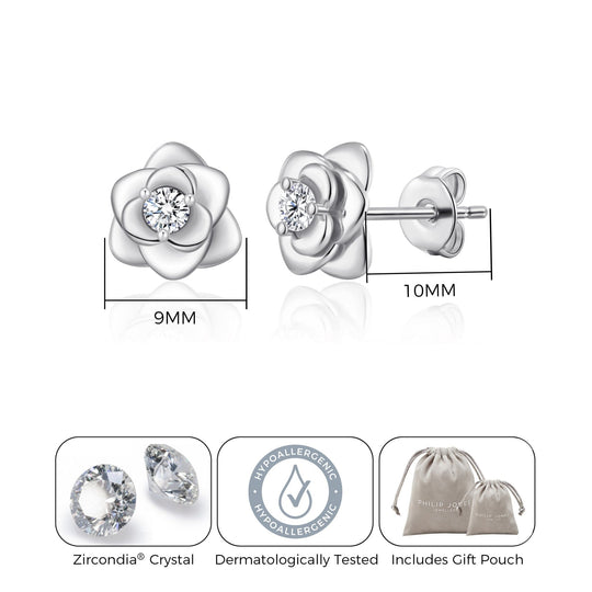 Silver Plated Rose Earrings Created with Zircondia® Crystals - Philip Jones Jewellery