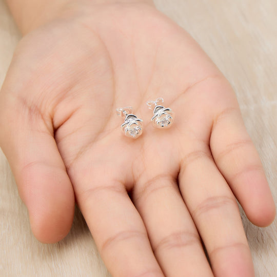 Silver Plated Rose Earrings Created with Zircondia® Crystals - Philip Jones Jewellery