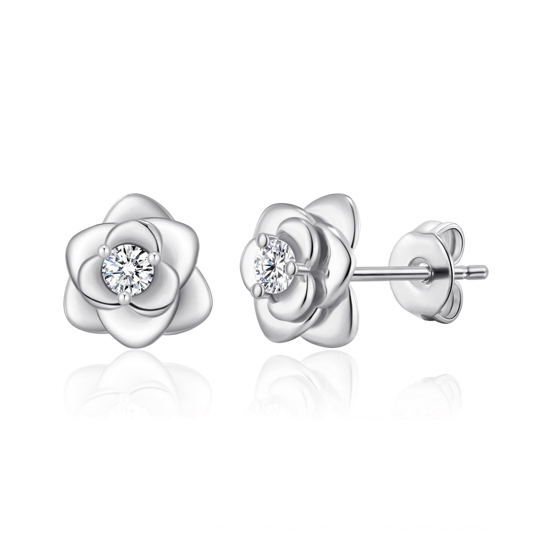 Silver Plated Rose Earrings Created with Zircondia® Crystals - Philip Jones Jewellery