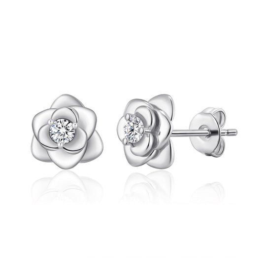 Silver Plated Rose Earrings Created with Zircondia® Crystals - Philip Jones Jewellery