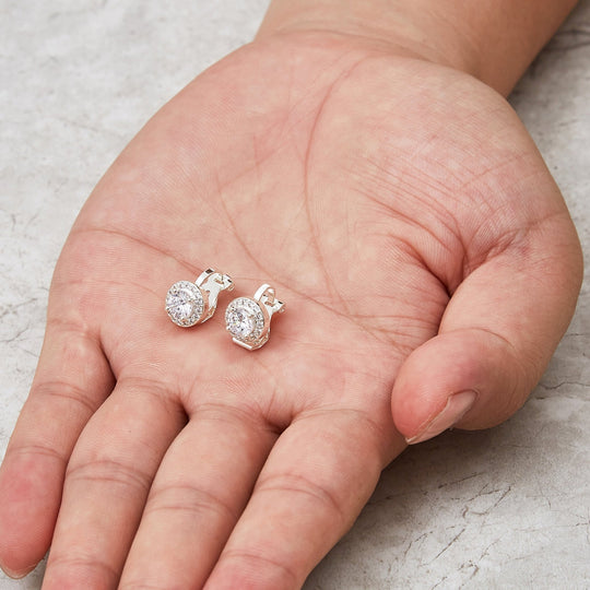 Silver Plated Round Halo Clip On Earrings Created with Zircondia® Crystals - Philip Jones Jewellery