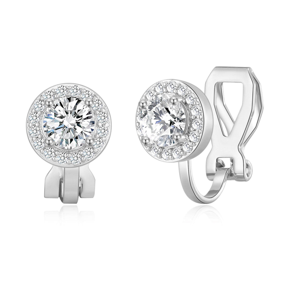 Silver Plated Round Halo Clip On Earrings Created with Zircondia® Crystals - Philip Jones Jewellery