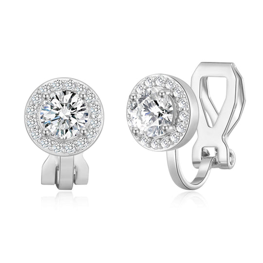 Silver Plated Round Halo Clip On Earrings Created with Zircondia® Crystals - Philip Jones Jewellery