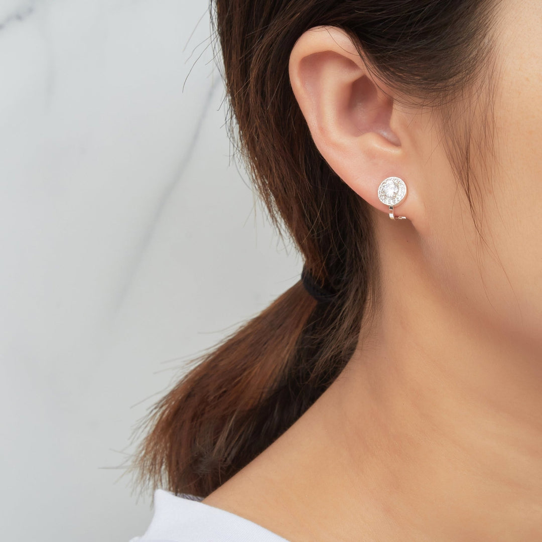 Silver Plated Round Halo Clip On Earrings Created with Zircondia® Crystals - Philip Jones Jewellery