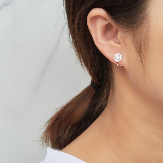 Silver Plated Round Halo Clip On Earrings Created with Zircondia® Crystals - Philip Jones Jewellery