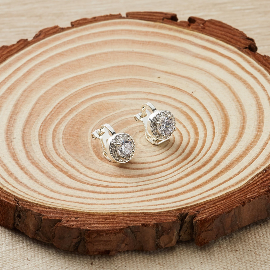 Silver Plated Round Halo Clip On Earrings Created with Zircondia® Crystals - Philip Jones Jewellery