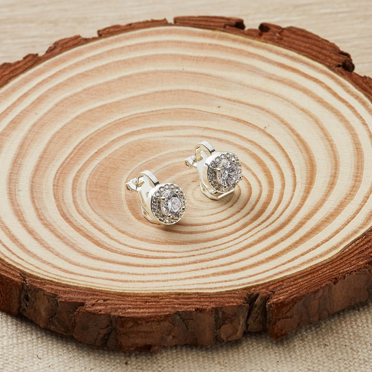 Silver Plated Round Halo Clip On Earrings Created with Zircondia® Crystals - Philip Jones Jewellery