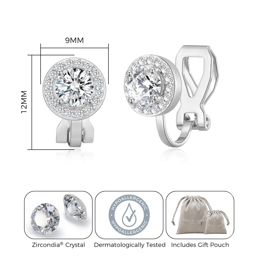 Silver Plated Round Halo Clip On Earrings Created with Zircondia® Crystals - Philip Jones Jewellery