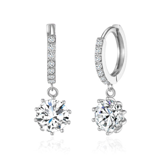 Silver Plated Solitaire Drop Hoop Earrings Created with Zircondia® Crystals - Philip Jones Jewellery
