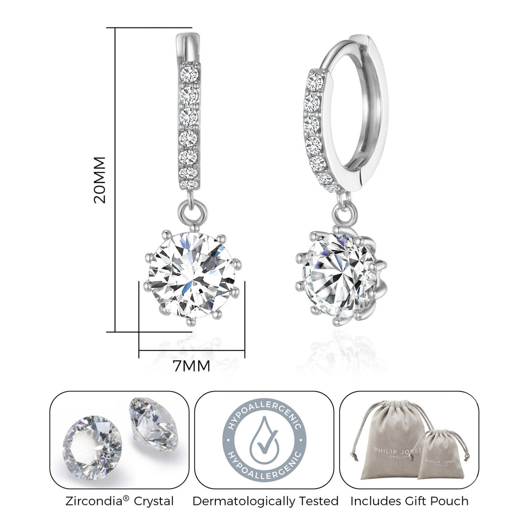 Silver Plated Solitaire Drop Hoop Earrings Created with Zircondia® Crystals - Philip Jones Jewellery