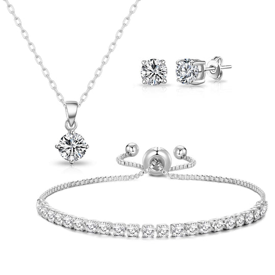 Silver Plated Solitaire Friendship Set Created with Zircondia® Crystals - Philip Jones Jewellery