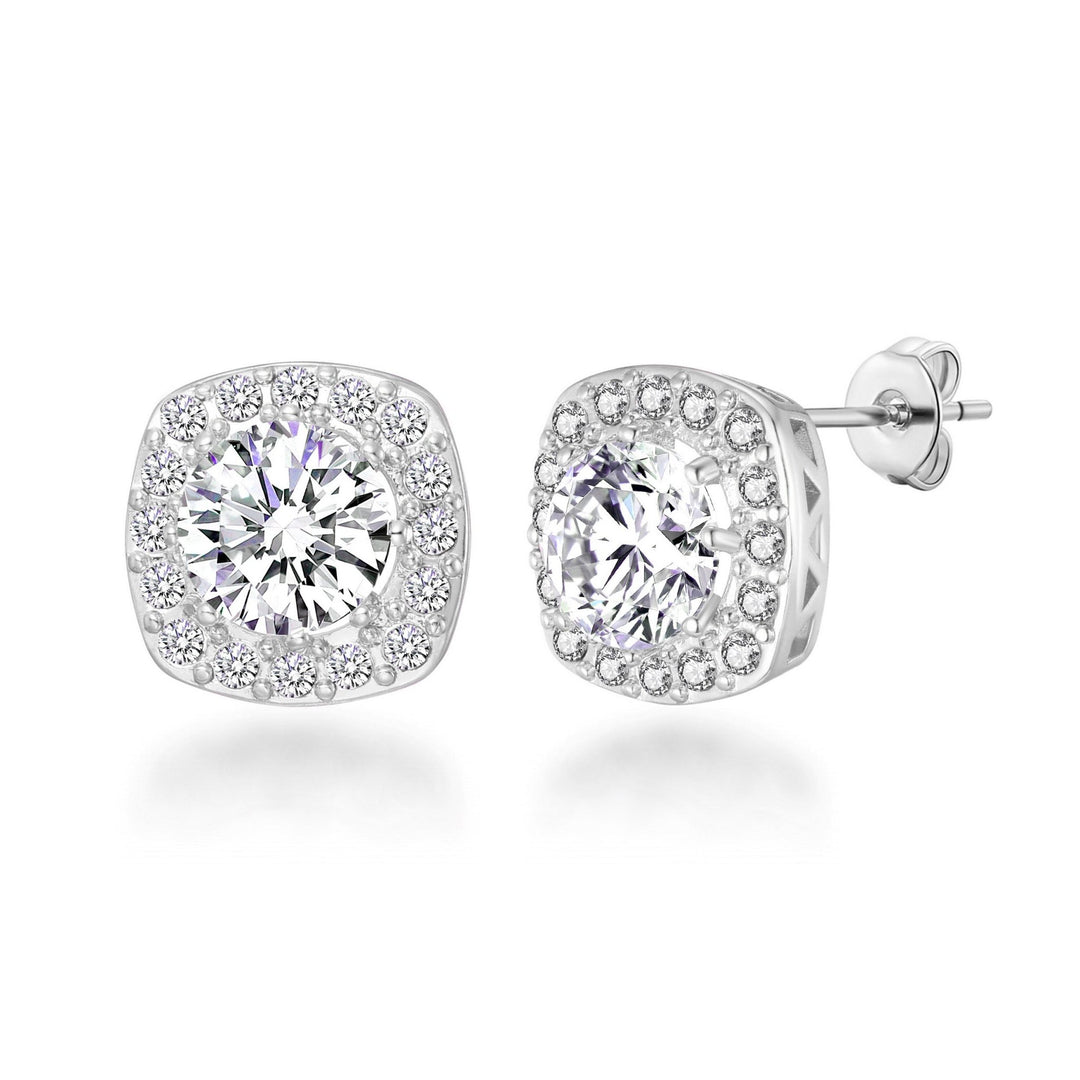 Silver Plated Square Halo Earrings Created with Zircondia® Crystals - Philip Jones Jewellery