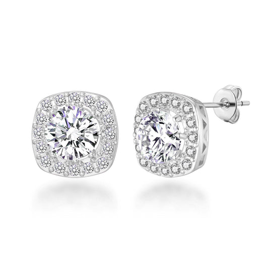 Silver Plated Square Halo Earrings Created with Zircondia® Crystals - Philip Jones Jewellery