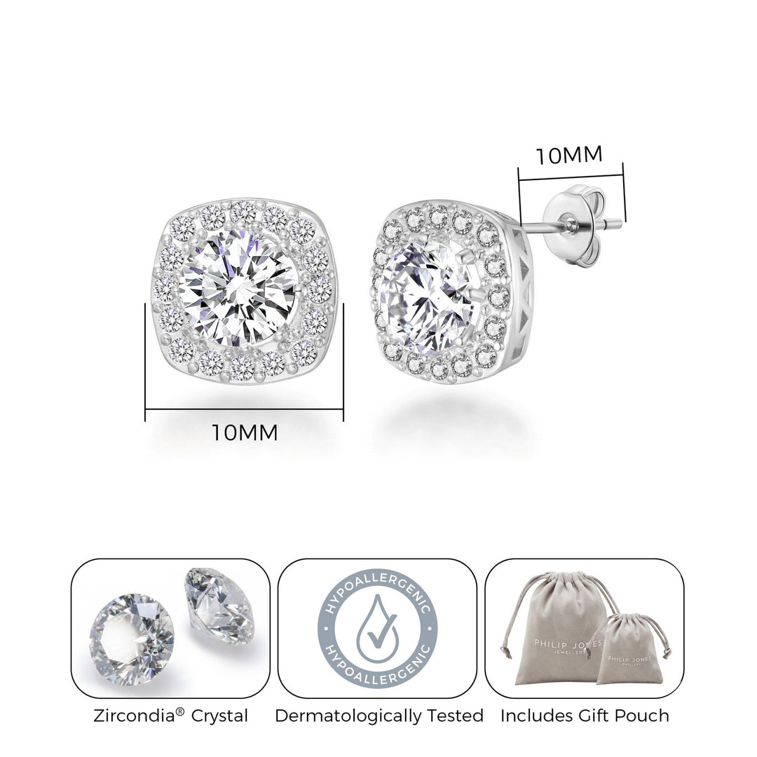 Silver Plated Square Halo Earrings Created with Zircondia® Crystals - Philip Jones Jewellery