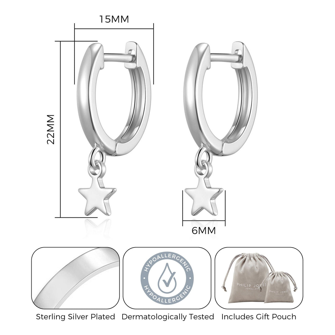 Silver Plated Star Charm Hoop Earrings - Philip Jones Jewellery