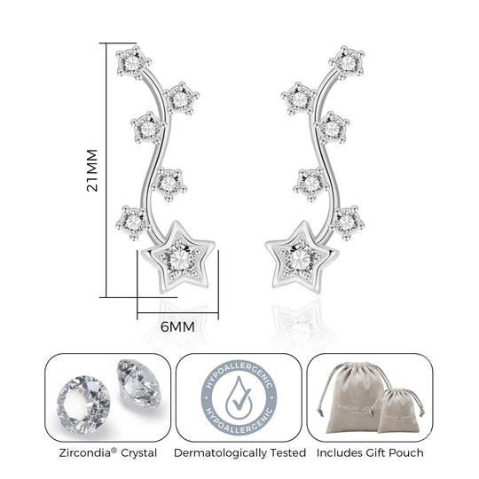 Silver Plated Star Climber Earrings Created with Zircondia® Crystals - Philip Jones Jewellery