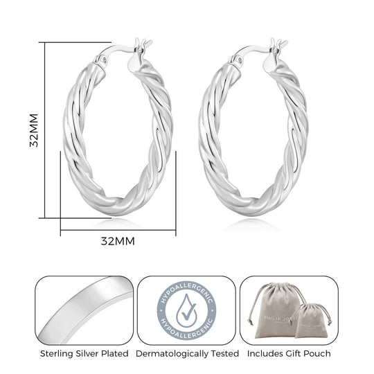Silver Plated Thick Twisted Hoop Earrings - Philip Jones Jewellery